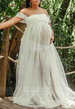 Tulle Sheer Photoshoot Maternity Wedding Dress Off the Shoulder A-Line Maxi Dress