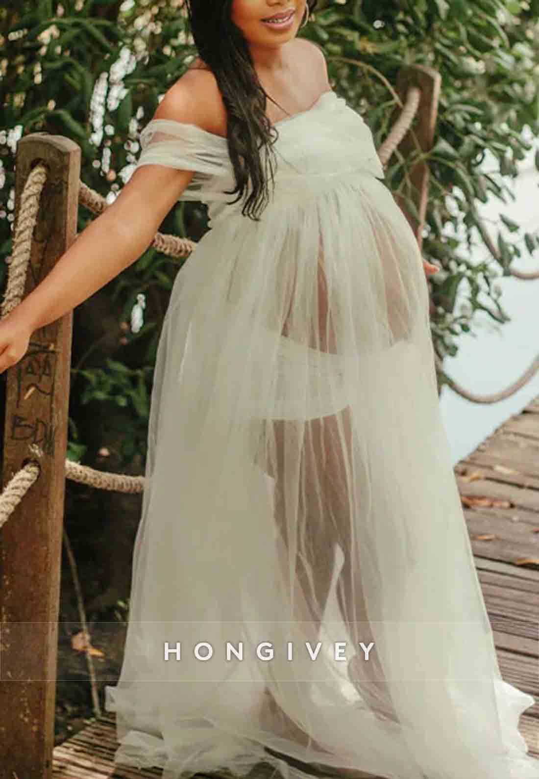 Tulle Sheer Photoshoot Maternity Wedding Dress Off the Shoulder A-Line Maxi Dress