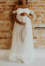 Tulle Sheer Photoshoot Maternity Wedding Dress Off the Shoulder A-Line Maxi Dress