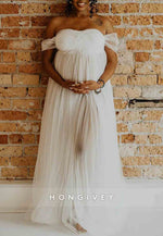 Tulle Sheer Photoshoot Maternity Wedding Dress Off the Shoulder A-Line Maxi Dress