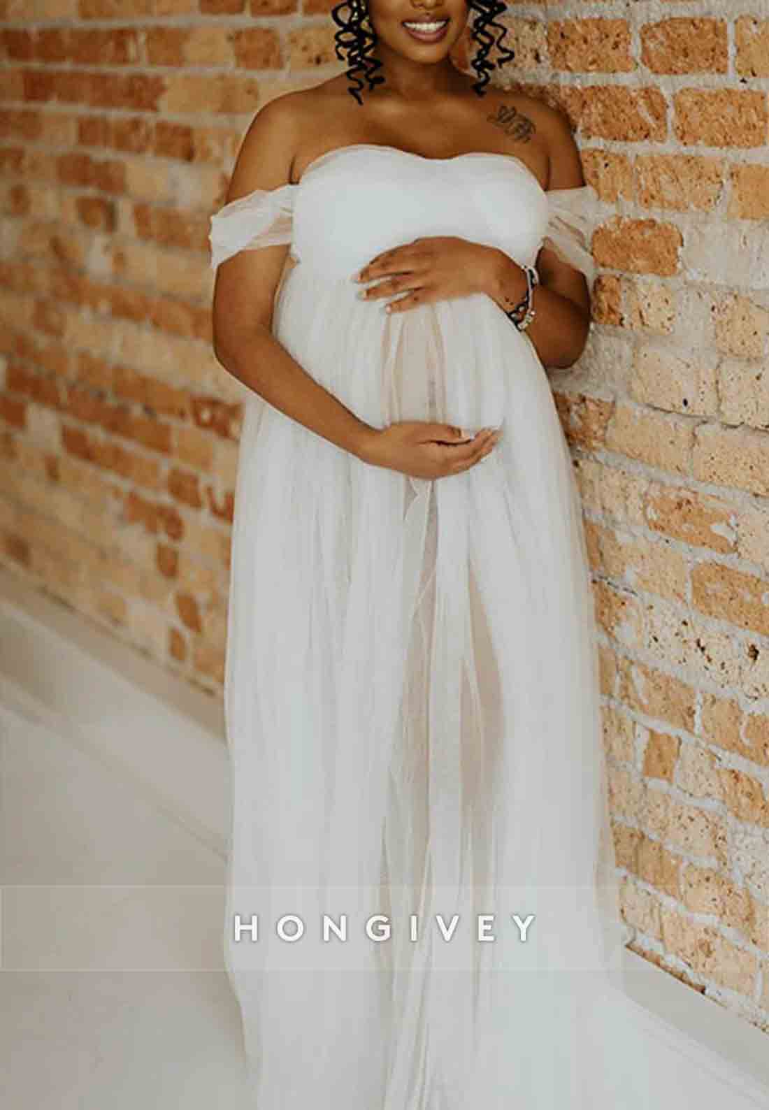 Tulle Sheer Photoshoot Maternity Wedding Dress Off the Shoulder A-Line Maxi Dress