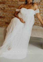 Tulle Sheer Photoshoot Maternity Wedding Dress Off the Shoulder A-Line Maxi Dress