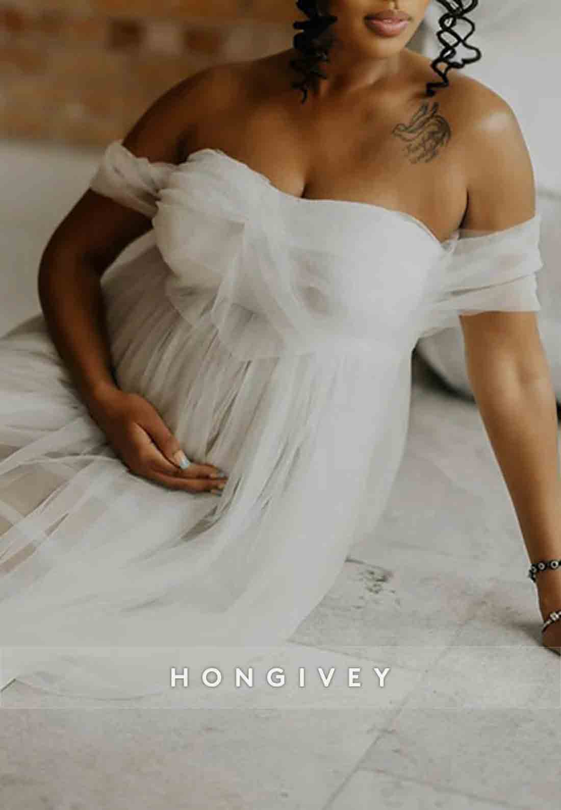 Tulle Sheer Photoshoot Maternity Wedding Dress Off the Shoulder A-Line Maxi Dress