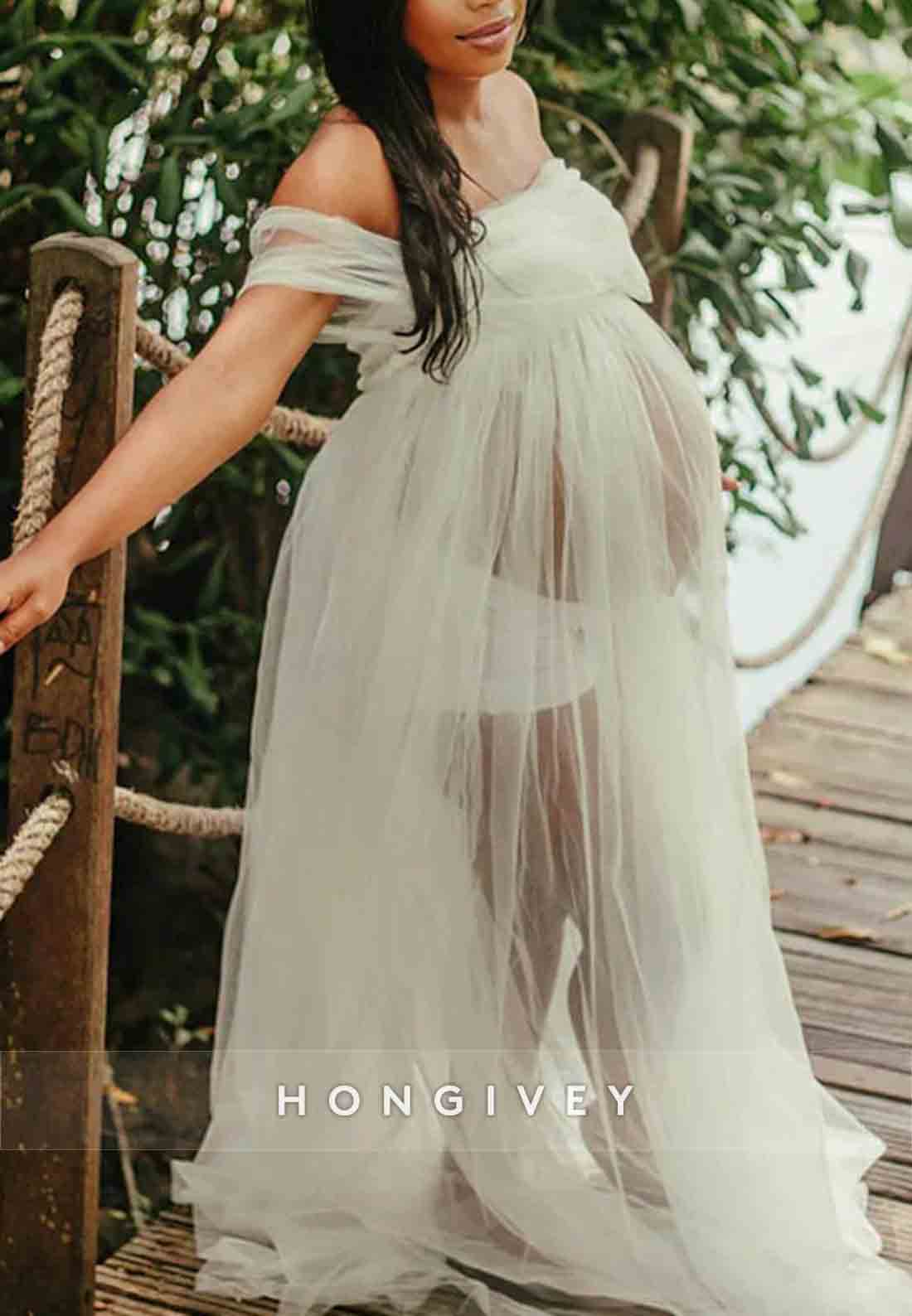 Tulle Sheer Photoshoot Maternity Wedding Dress Off the Shoulder A-Line Maxi Dress