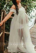 Tulle Sheer Photoshoot Maternity Wedding Dress Off the Shoulder A-Line Maxi Dress