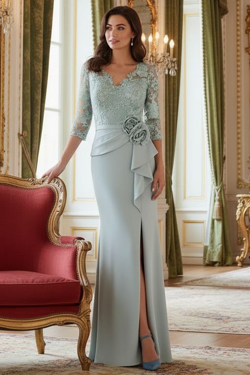 Elegant V-Neck 3/4 Sleeve Lace Flowers Mermaid Evening Dress
