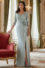 Elegant V-Neck 3/4 Sleeve Lace Flowers Mermaid Evening Dress