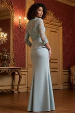Elegant V-Neck 3/4 Sleeve Lace Flowers Mermaid Evening Dress