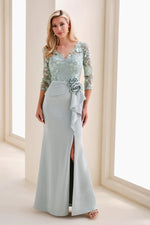 V-Neck Long Sleeve Flowers Applique Mermaid Side Slit Evening Dress