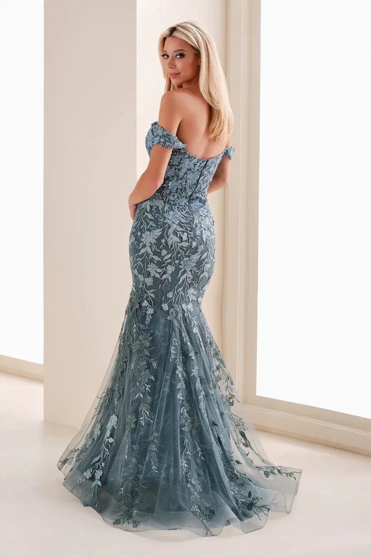 Off the Shoulder Sleeveless Applique Mermaid Tulle Evening Dress