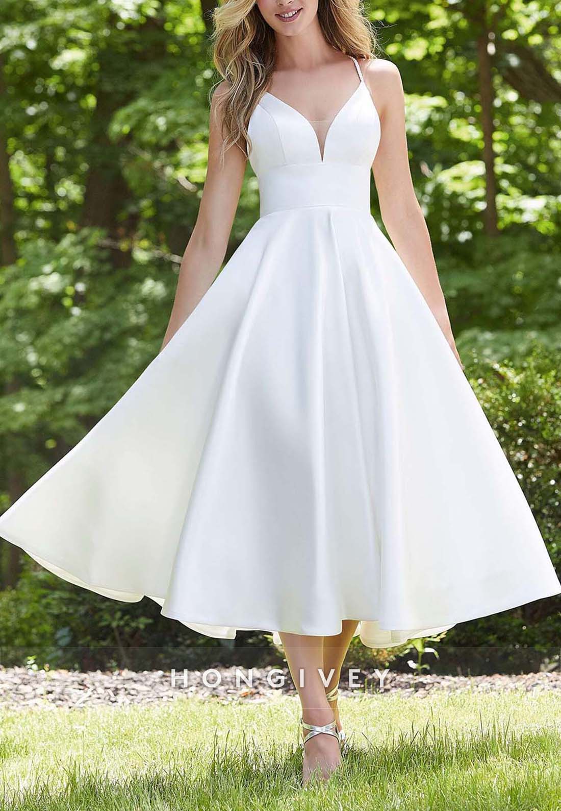 Princess Tea-Length Sleeveless Pleated Crisscross Back Regular Straps Wedding Dresses