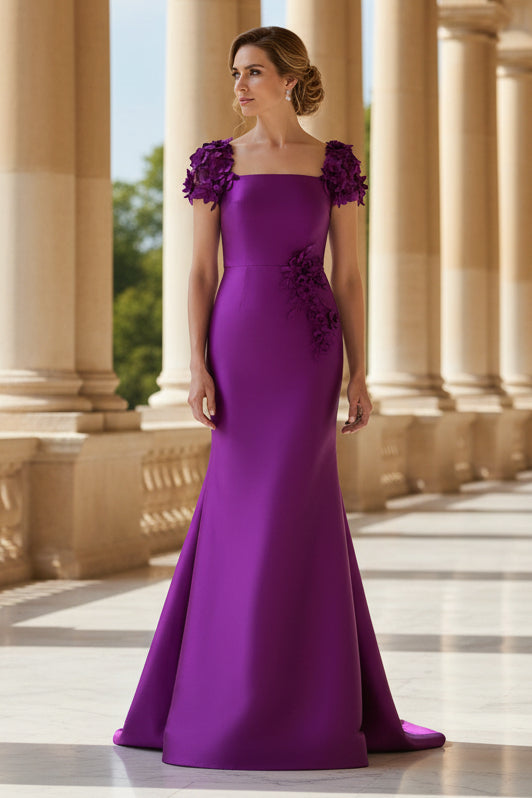 Square Neck Half Sleeve Flower Mermaid Mother of the Bride Dress