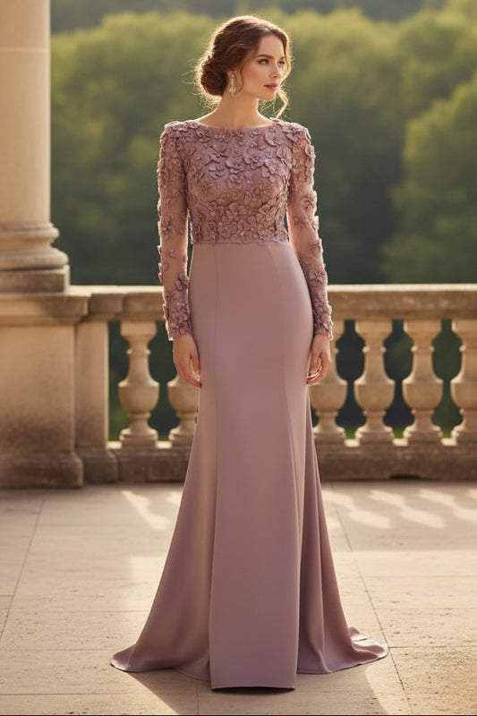 Flowers Lace Long Sleeve Mermaid Floor-Length Mother of the Bride Dress