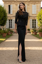 Black Sparkle Applique 3/4 Sleeve Mermaid Side Slit Mother of the Bride Dress