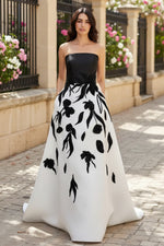 Black Strapless Sleeveless A-Line Flowers Floral Print Evening Dress