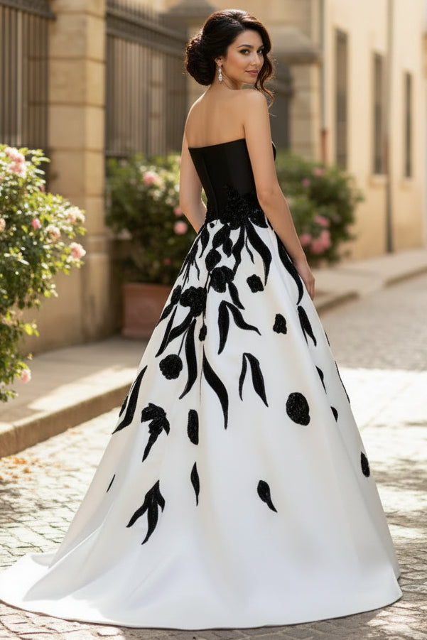 Black Strapless Sleeveless A-Line Flowers Floral Print Evening Dress