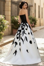 Black Strapless Sleeveless A-Line Flowers Floral Print Evening Dress