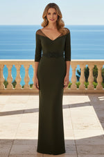 V-Neck 3/4 Sleeve Mermaid Belt Back Slit Evening Dress