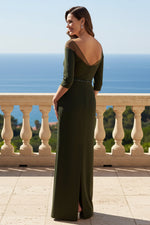V-Neck 3/4 Sleeve Mermaid Belt Back Slit Evening Dress