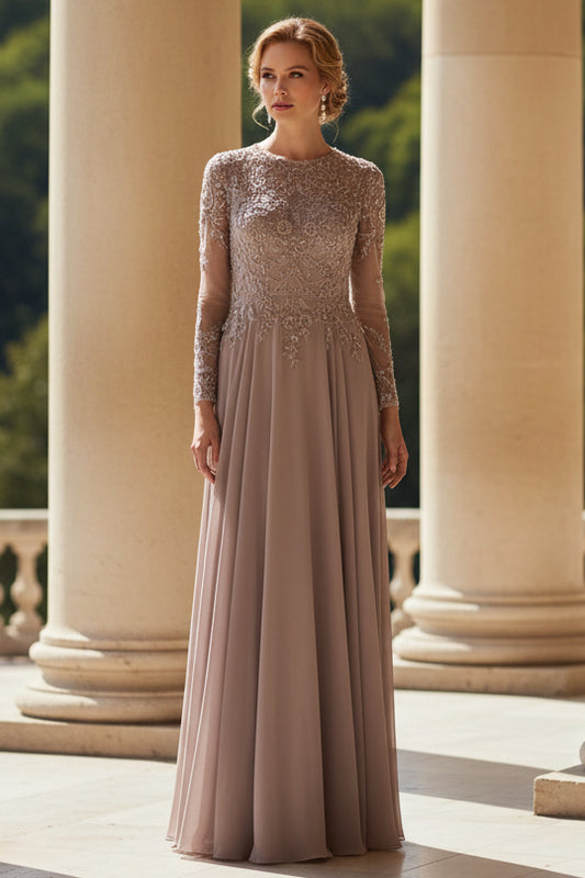 Beaded Applique Long Sleeve A-Line Mother of the Bride Dress