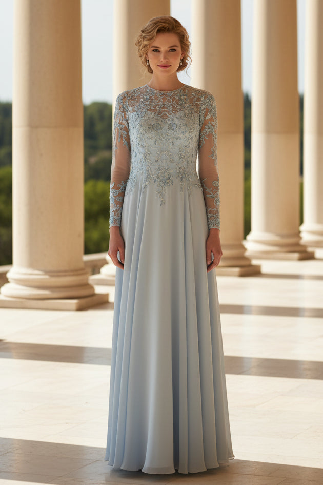 Beaded Applique Long Sleeve A-Line Mother of the Bride Dress