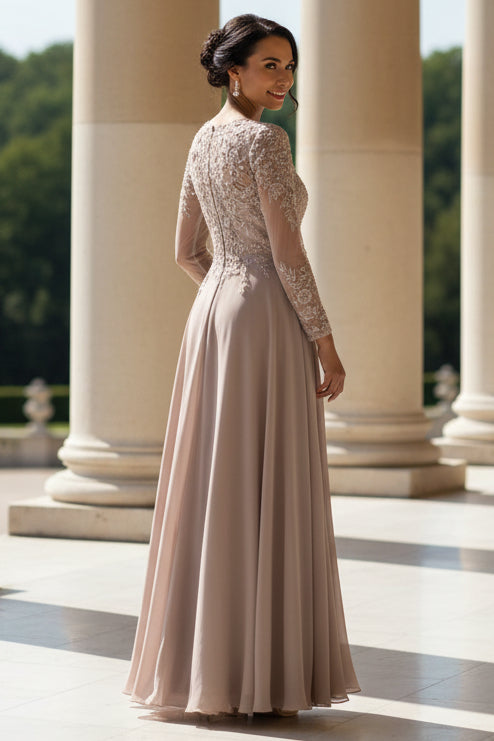 Beaded Applique Long Sleeve A-Line Mother of the Bride Dress