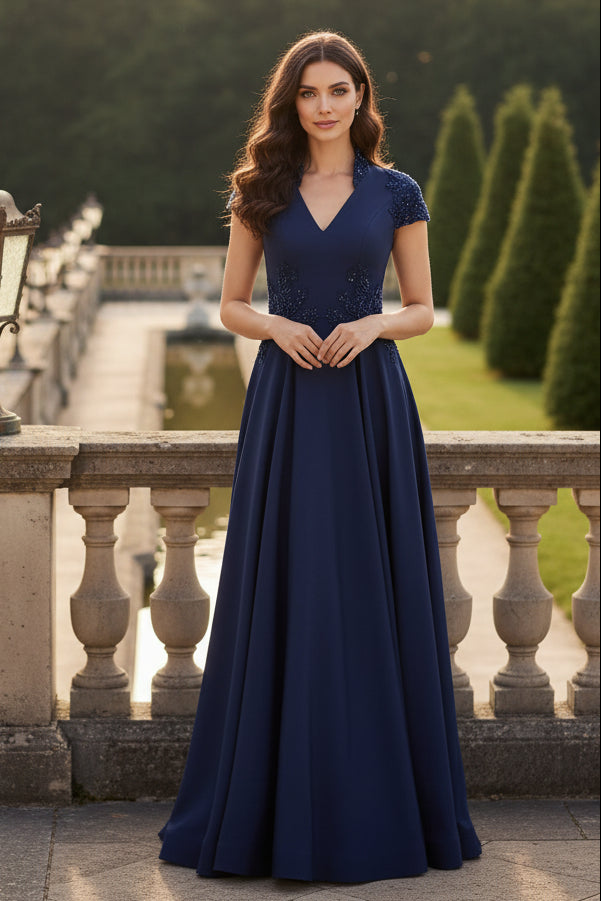 V-Neck Half Sleeve Applique A-Line Mother of the Bride Dress