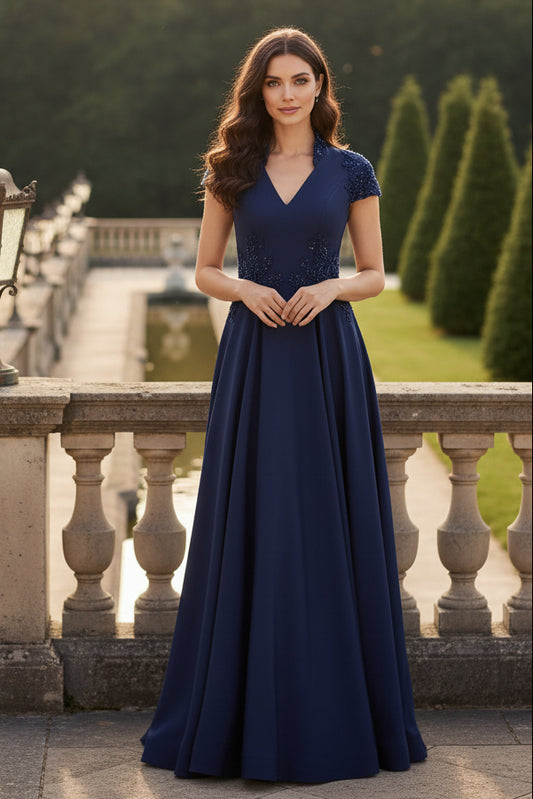 V-Neck Half Sleeve Applique A-Line Mother of the Bride Dress