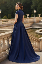 V-Neck Half Sleeve Applique A-Line Mother of the Bride Dress