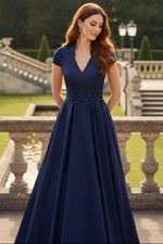 V-Neck Half Sleeve Applique A-Line Mother of the Bride Dress