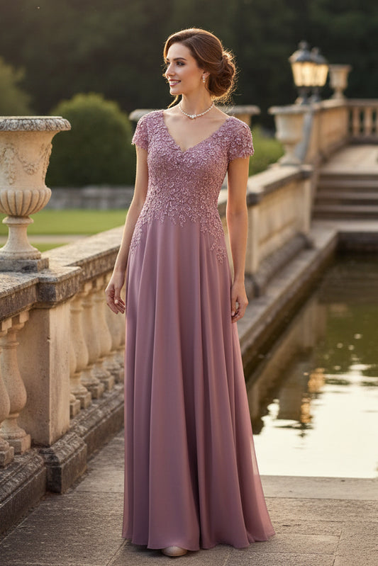 V-Neck Lace Sequins Appliuqe Half Sleeve A-Line Evening Dress