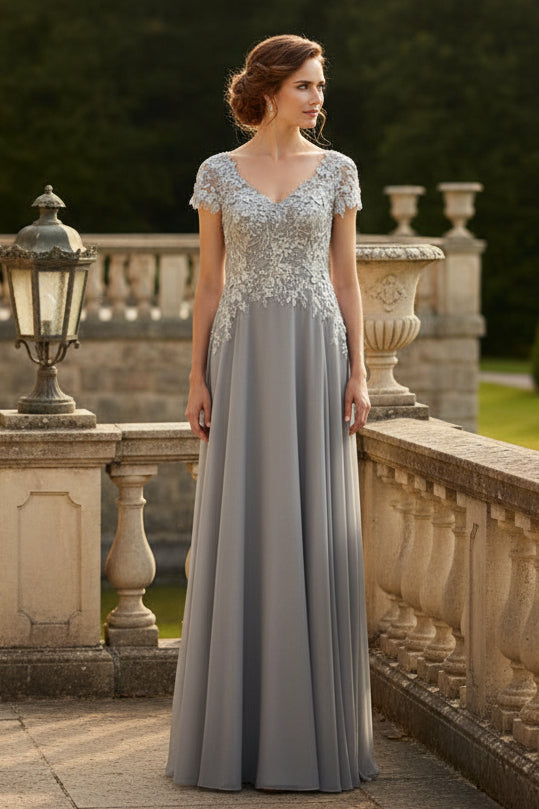 V-Neck Lace Sequins Appliuqe Half Sleeve A-Line Evening Dress