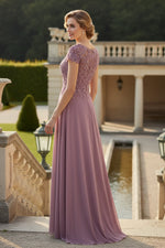 V-Neck Lace Sequins Appliuqe Half Sleeve A-Line Evening Dress