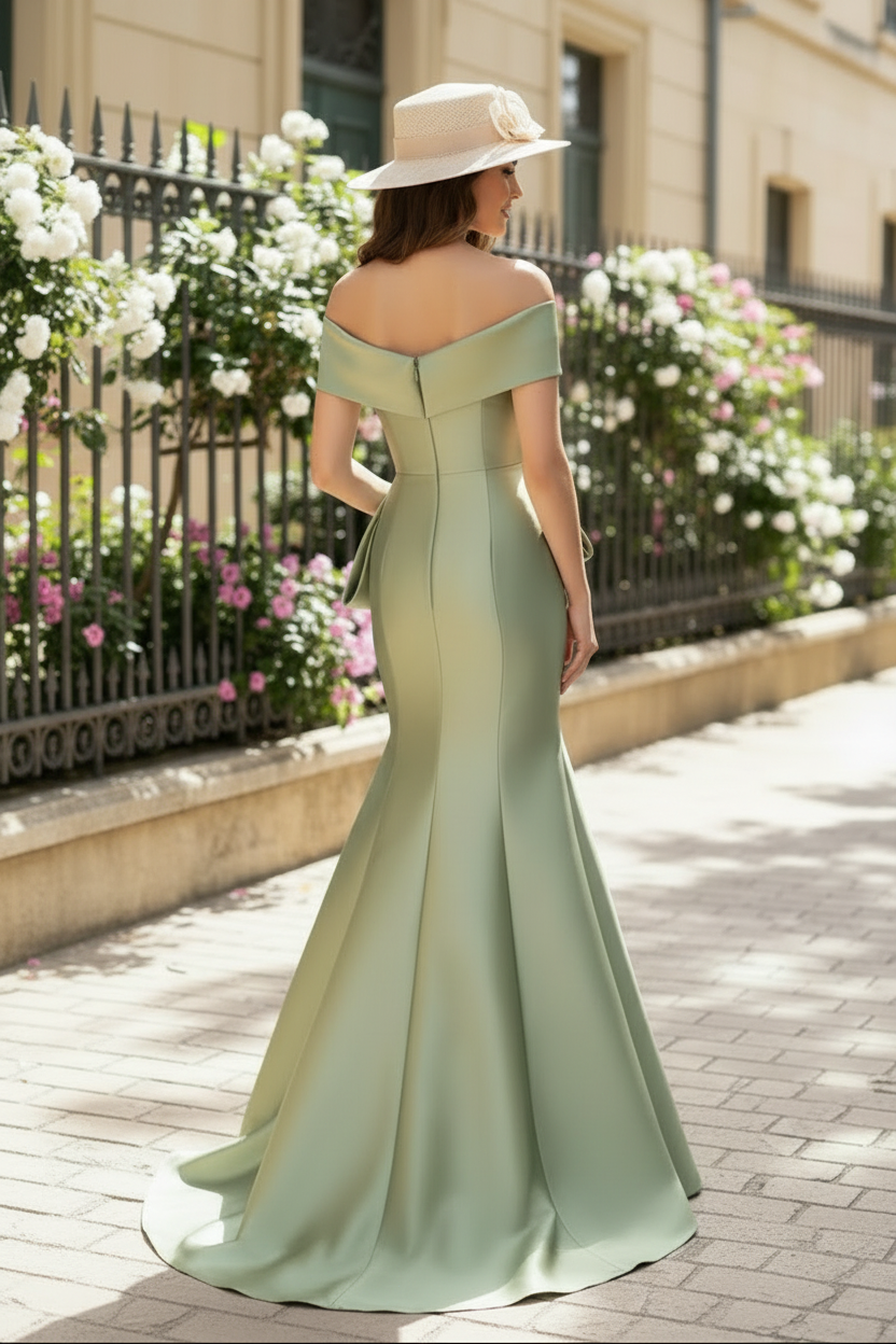 Off the Shoulder Sleeveless Mermaid Applique Bow Evening Dress