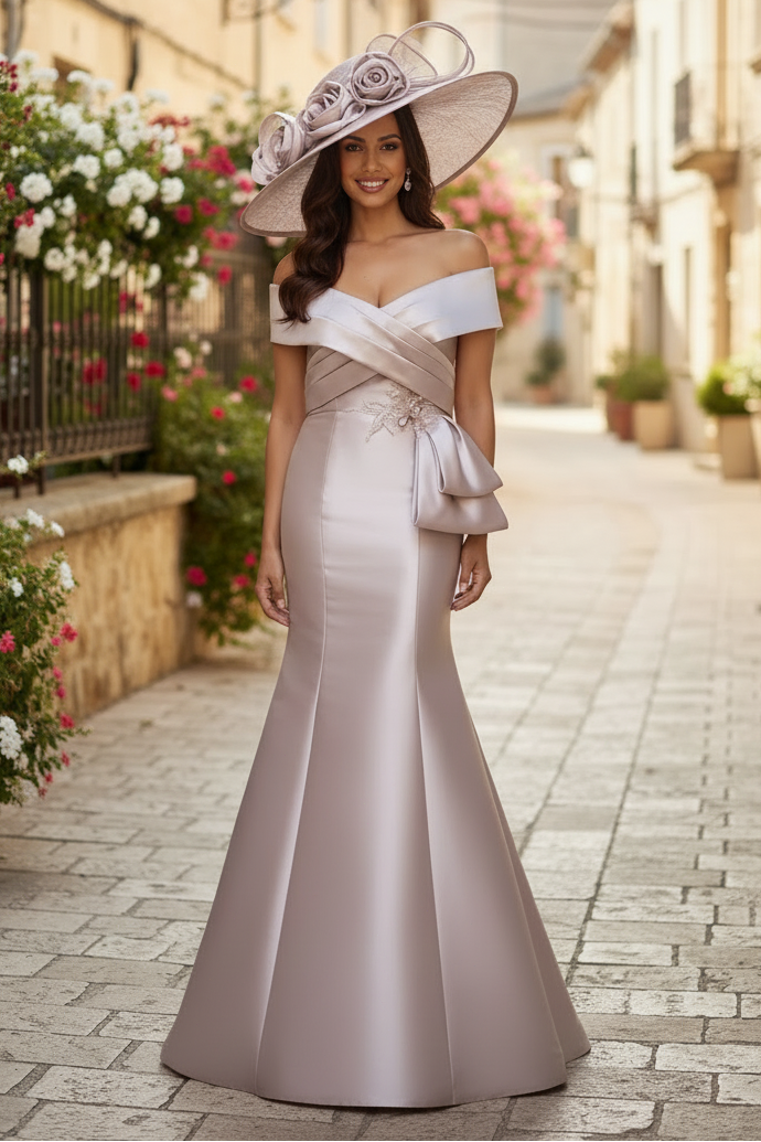 Off the Shoulder Sleeveless Mermaid Applique Bow Evening Dress
