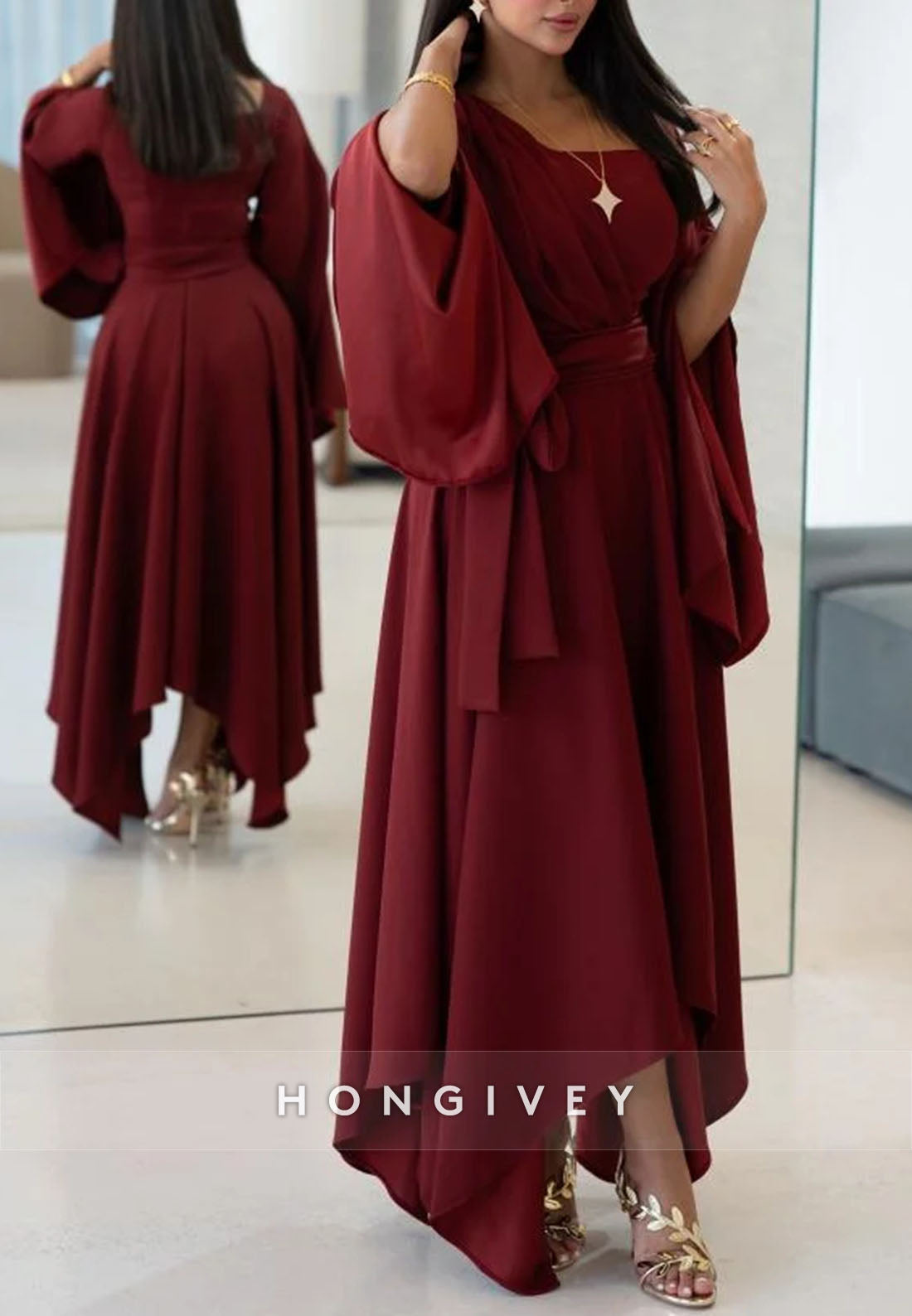 Cabernet Flutter Sleeves Pleated Asymmetrical A-Line Empire Evening Gown