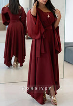 Cabernet Flutter Sleeves Pleated Asymmetrical A-Line Empire Evening Gown