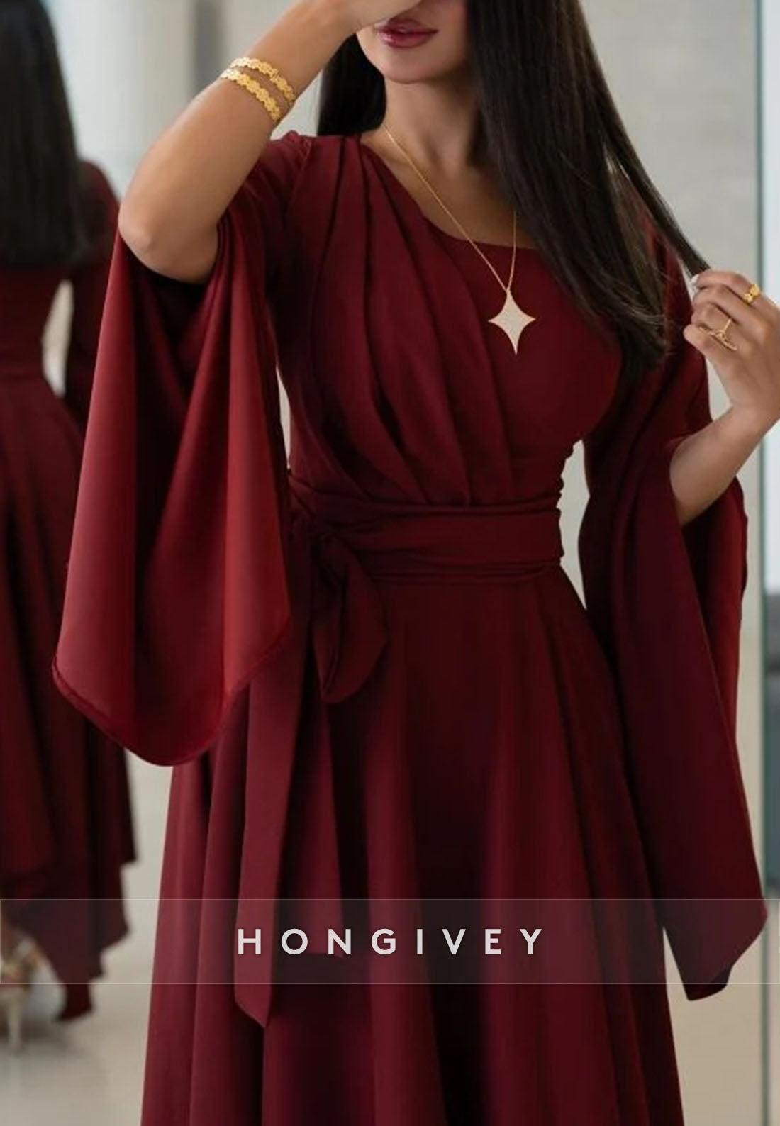 Cabernet Flutter Sleeves Pleated Asymmetrical A-Line Empire Evening Gown