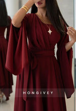 Cabernet Flutter Sleeves Pleated Asymmetrical A-Line Empire Evening Gown