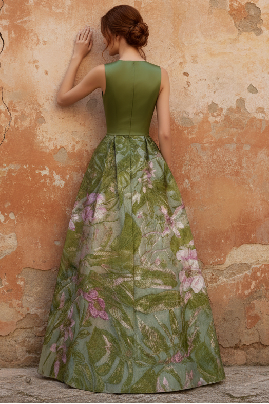 A-Line Evening Gown Elegant Jacquard Floral Dress Prom Floor Length Sleeveless V Neck with Slit Pocket Wedding Guest Dress