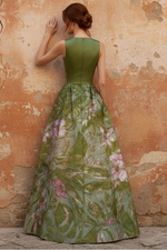 A-Line Evening Gown Elegant Jacquard Floral Dress Prom Floor Length Sleeveless V Neck with Slit Pocket Wedding Guest Dress