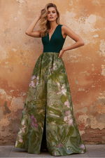 A-Line Evening Gown Elegant Jacquard Floral Dress Prom Floor Length Sleeveless V Neck with Slit Pocket Wedding Guest Dress