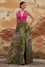 A-Line Evening Gown Elegant Jacquard Floral Dress Prom Floor Length Sleeveless V Neck with Slit Pocket Wedding Guest Dress