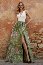 A-Line Evening Gown Elegant Jacquard Floral Dress Prom Floor Length Sleeveless V Neck with Slit Pocket Wedding Guest Dress