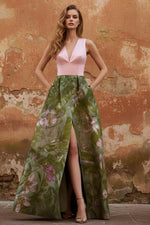 A-Line Evening Gown Elegant Jacquard Floral Dress Prom Floor Length Sleeveless V Neck with Slit Pocket Wedding Guest Dress