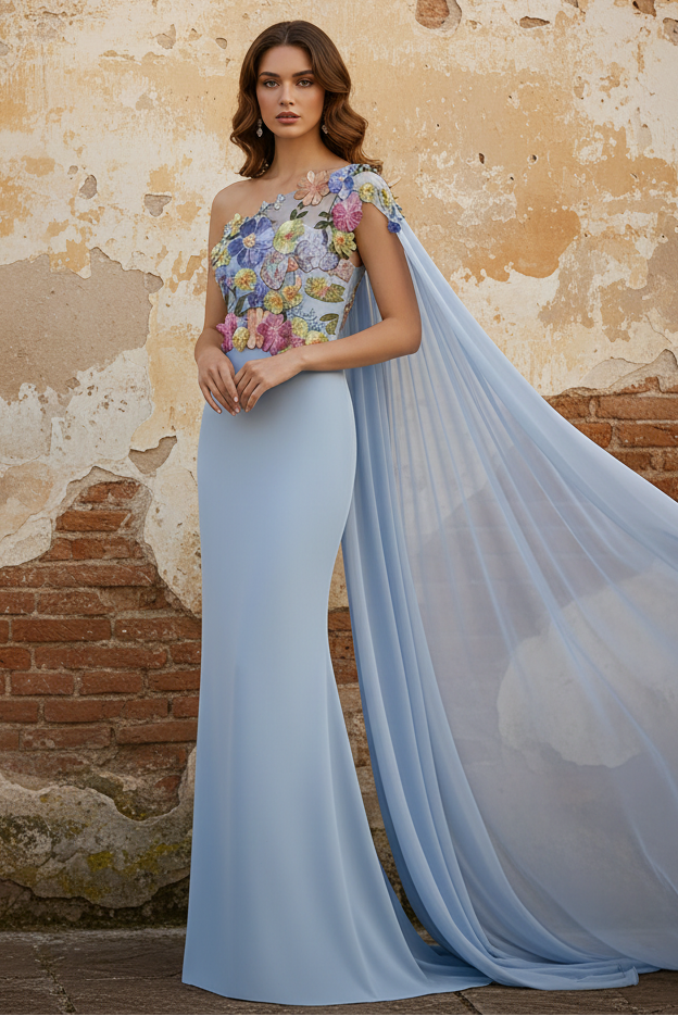 One-Shoulder Sleeveless Floral Evening Dresses With Cape Elegant Wedding Formal