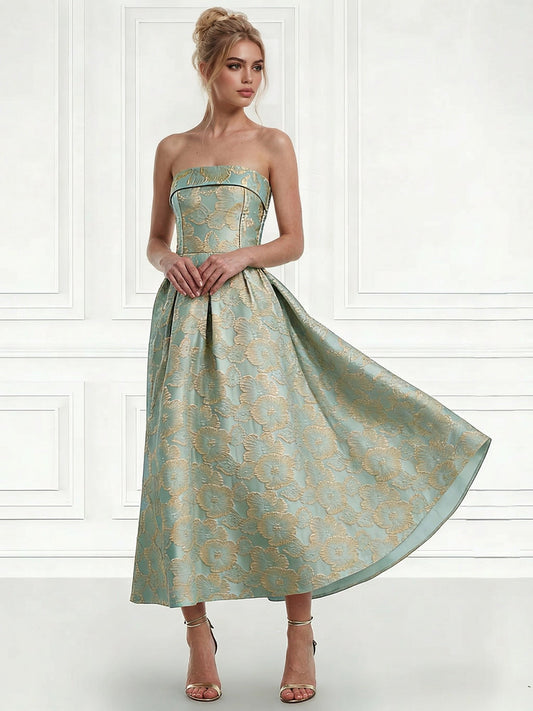 Elegant Cocktail Dress Strapless Tea-Length Floral Jacquard Dress Wedding Guest