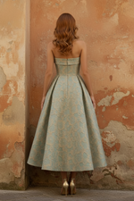 Elegant Cocktail Dress Strapless Tea-Length Floral Jacquard Dress Wedding Guest