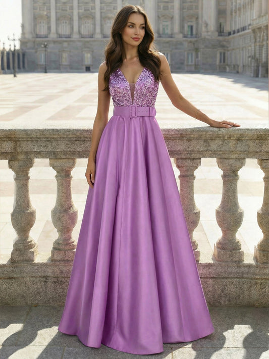 A-Line Evening Dresses Floor Length Formal Gown with Belt Sleeveless V Neck Pocket Satin with Sequins