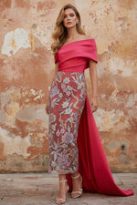 Floral Evening Dress Taffeta One-Shoulder Sleeveless Ankle-Length With Back Bow Embroidery